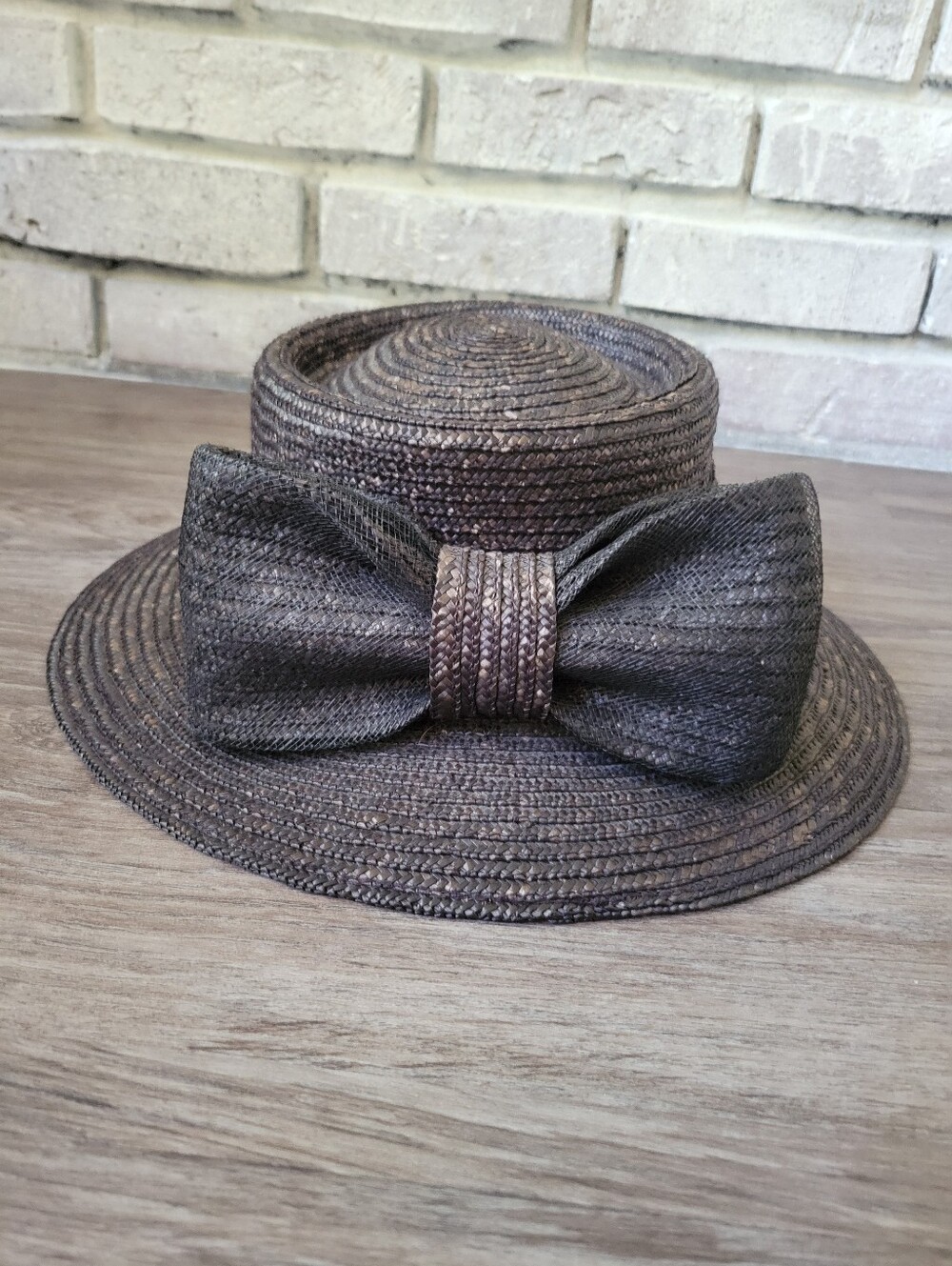 Betmar New York Hat Woven Straw Bow Accent Black Derby Party Wide Brim Retro